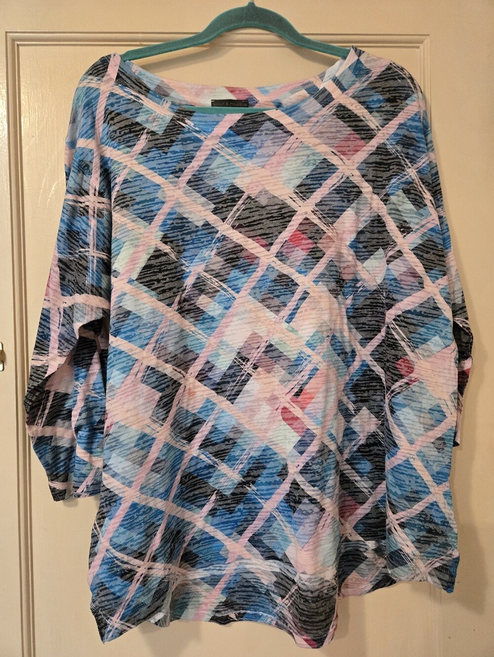 Nally & Millie Blue and Pink Abstract Plaid Boatneck Tunic